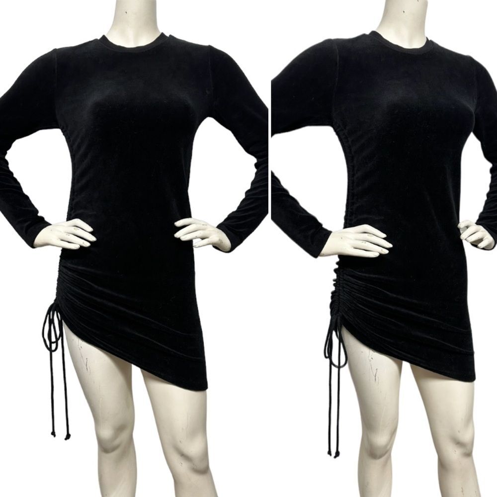 PAM & GELA Black Velour Side Ruched Shirred Adjustable Mini Dress LBD XS S